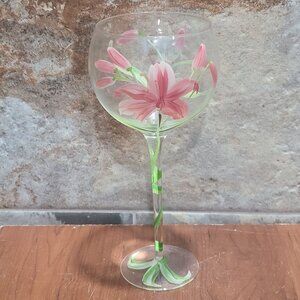 Hand Painted Tropical Lilies Balloon Wine Glass Pink Lilies